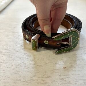 VTG Western Tooled Belt Mod Dep Brown Leather inlay buckle 42-50" Hole Range